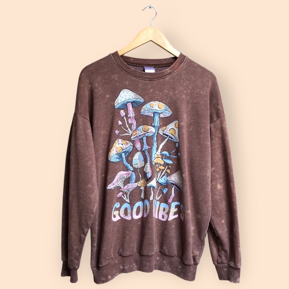 No Boundaries Good Vibes Mushrooms Crewneck Sweatshirt Hippie Psychedelic Medium